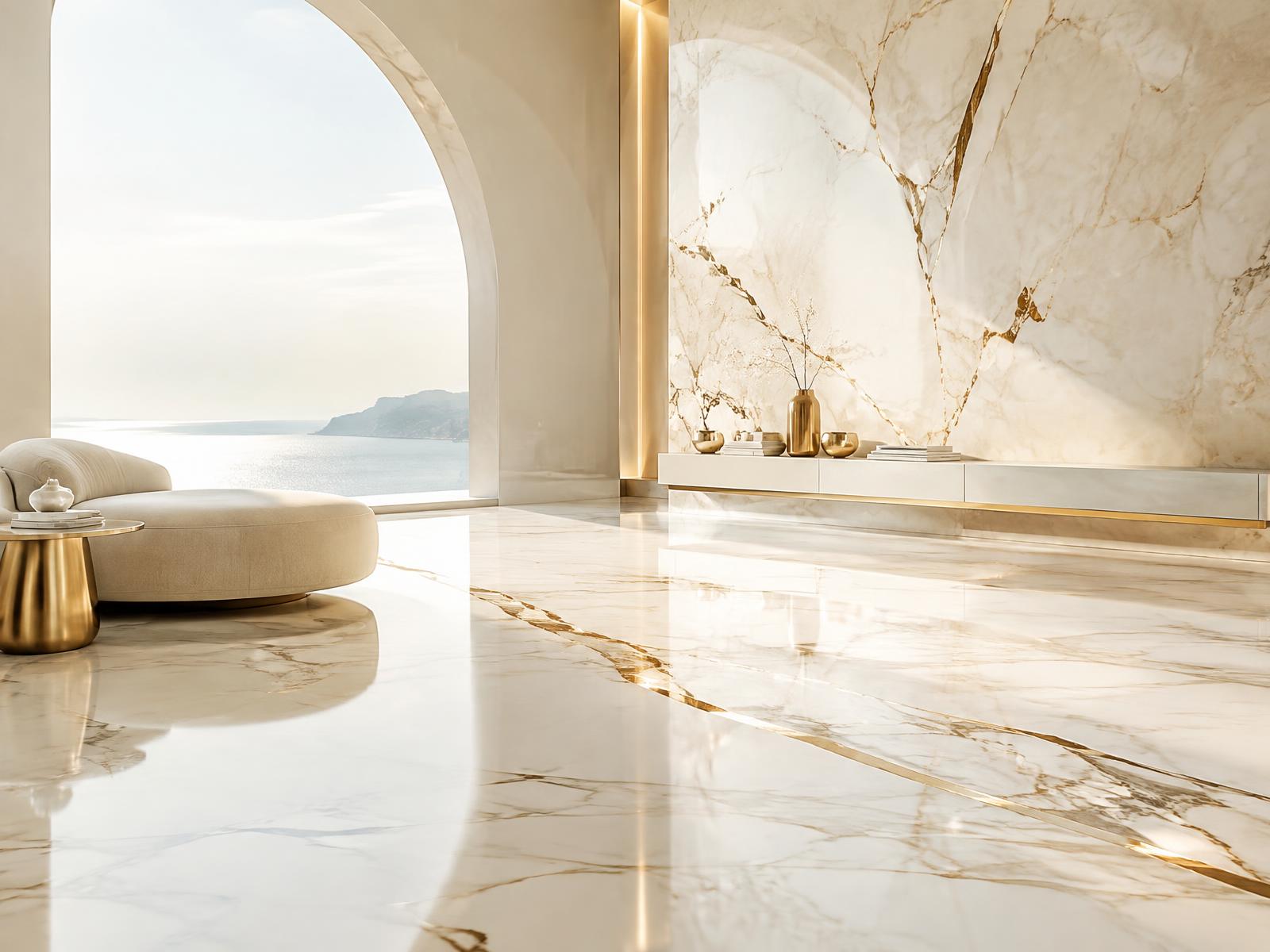 Intérieur en marbre blanc veiné d'or ouvert sur la mer